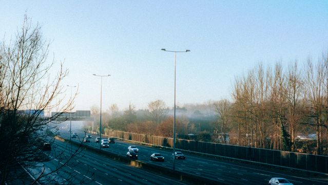 Autoput sa kolima ispod visokih uličnih svetiljki i golih krošnji drveća