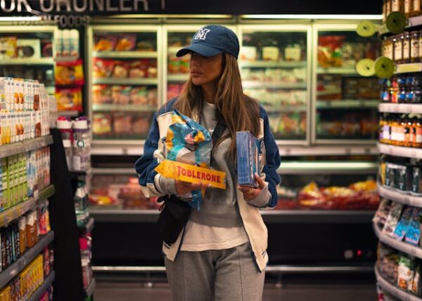 Žena sa kačketom nosi grickalice u supermarketu